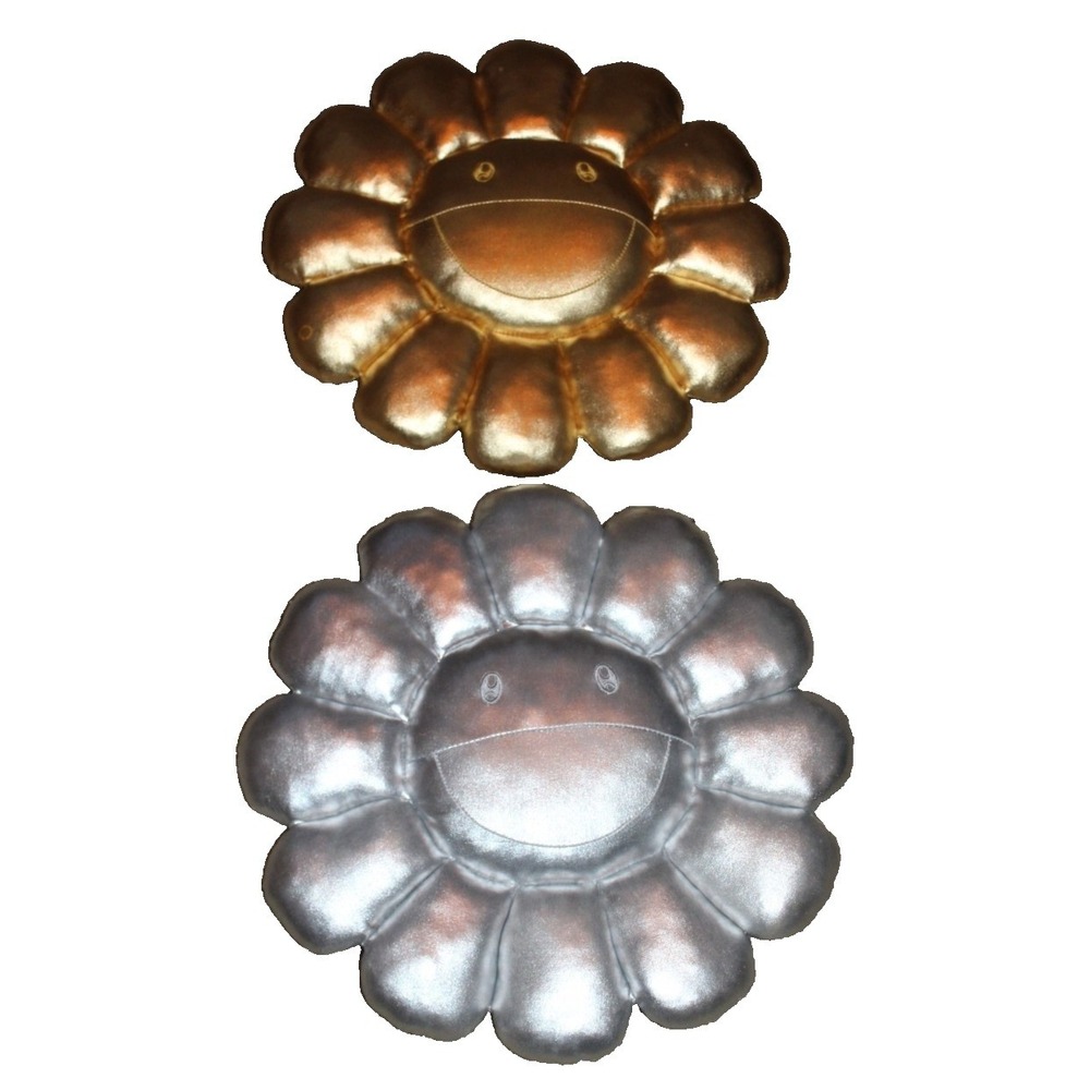 17" silver & gold round flower cushions pillows eyes & mouth lot of 2